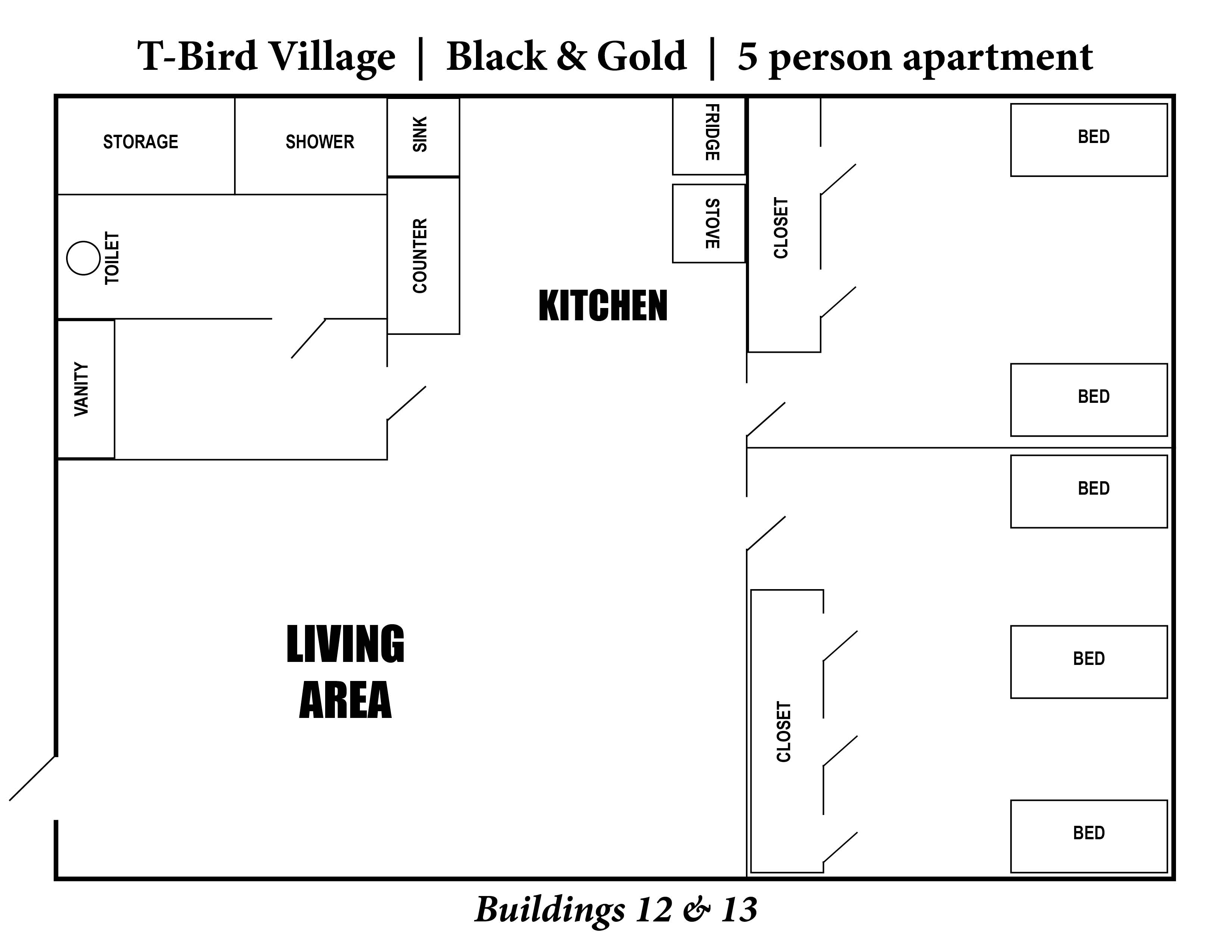 A photo of the layout of T-Bird Village 5 person apartment.